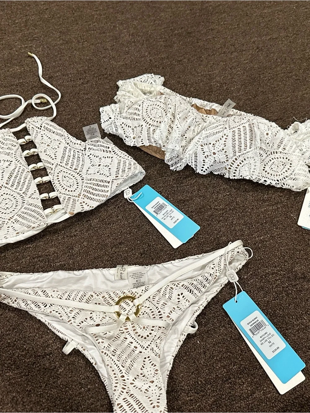 Beach Bunny White Crochet Bikini Set with Gold Ring Accents - Picture 1 of 6